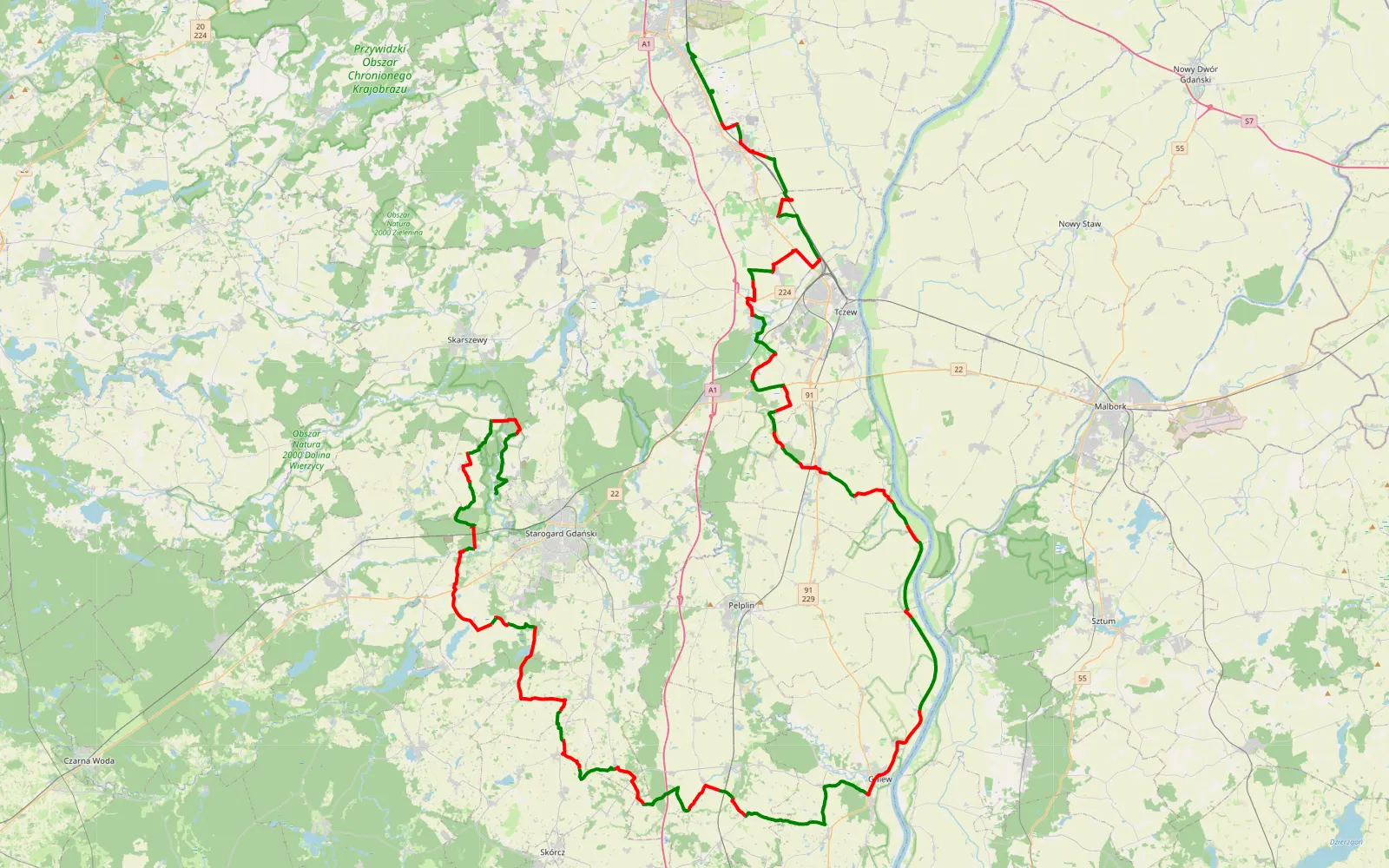 Mapa trasy Cieplewo - Okole - 135.3 km trasy offroad, Powiat Tczewski