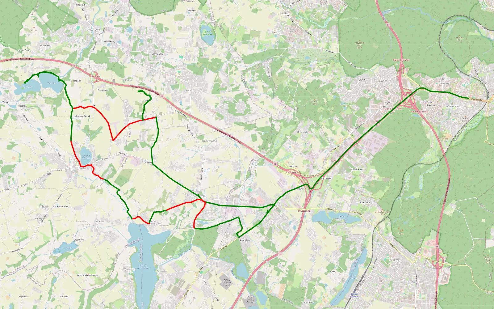 Mapa trasy Karwiny - Chwaszczyno - 20.3 km trasy offroad, Powiat Wejherowski