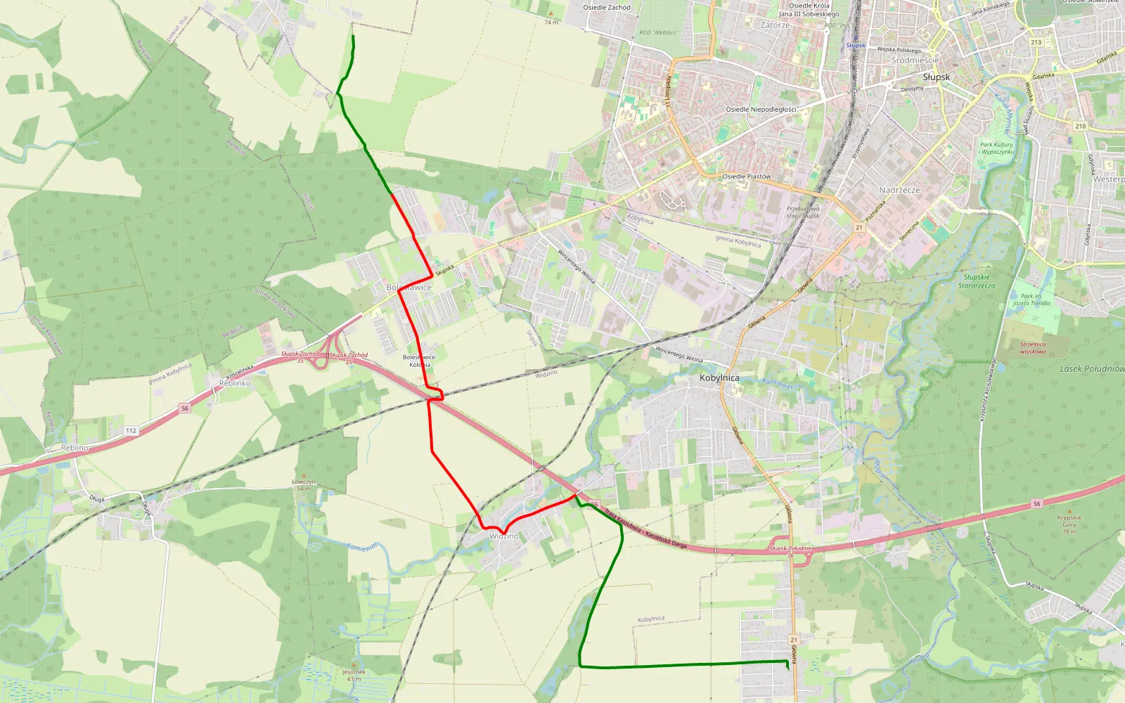 Mapa trasy Bierkowo - Łosino - 9.9 km trasy offroad, Powiat Słupski